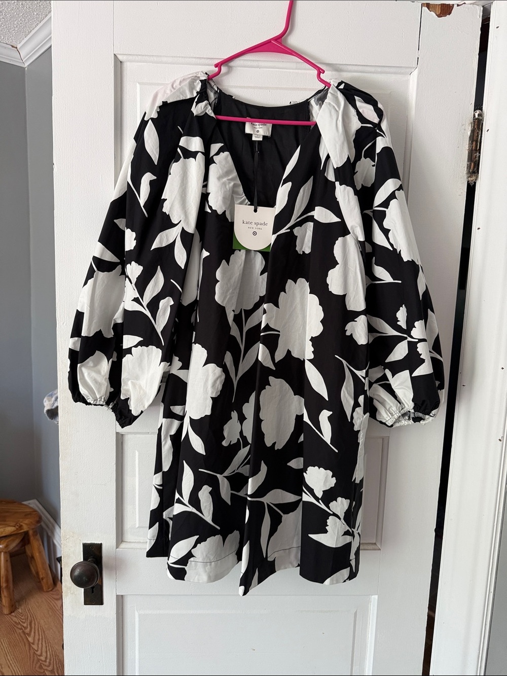 kate spade Black and White Floral Puff-Sleeve Mini Dress